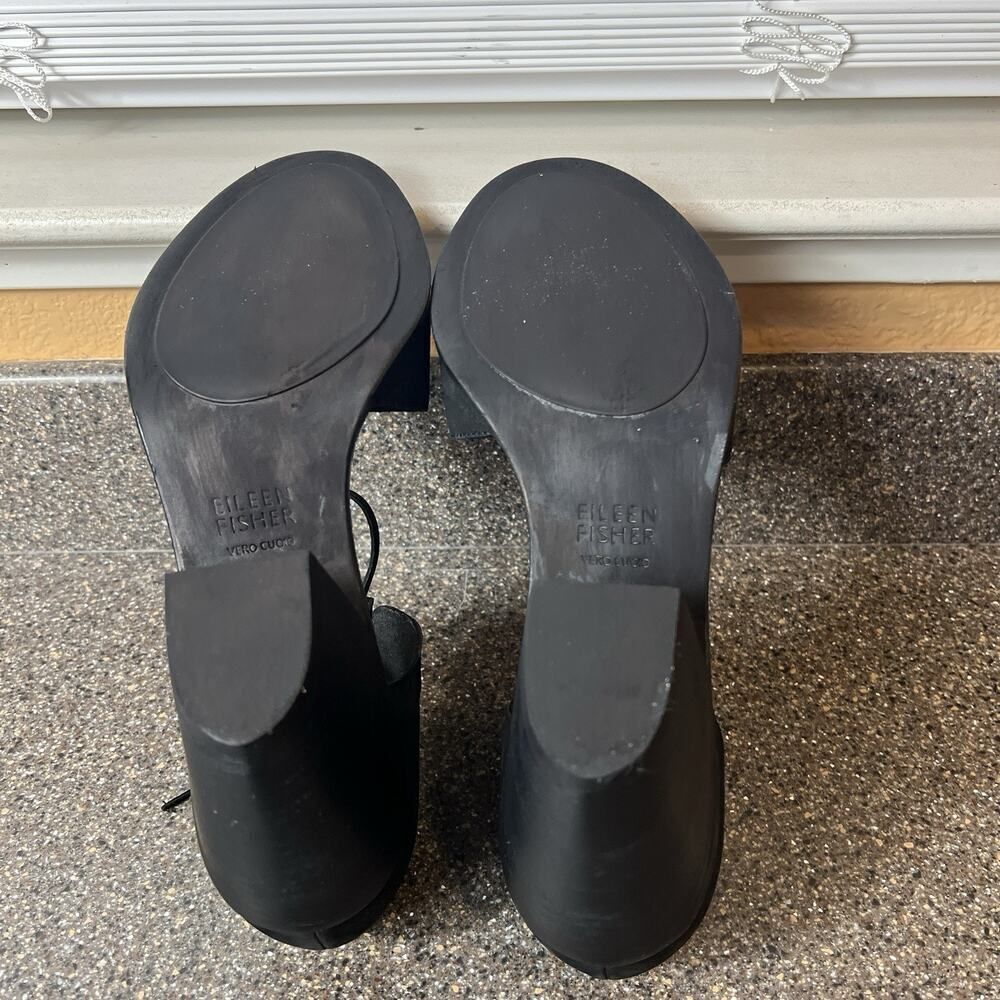 Eileen Fisher Black Textured Leather Chunky Heels Tie Up Peep Toe Women's Sz 9.5 - Picture 10 of 11